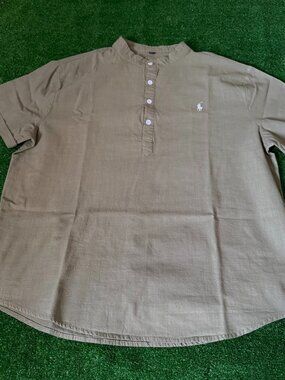 Men's 2XL Olive Green Band Collar Linen Blend Shirt Short Sleeve Unbranded